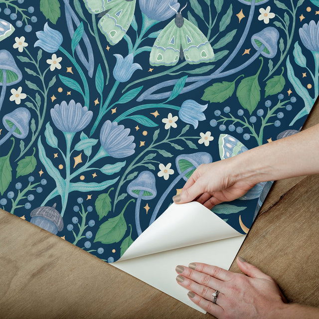 Enchanted Forest Damask Blue Peel & Stick Wallpaper with Botanical Butterflies Motif - York RMK12786PLW