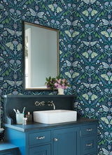 Enchanted Forest Damask Blue Peel & Stick Wallpaper with Botanical Butterflies Motif - York RMK12786PLW