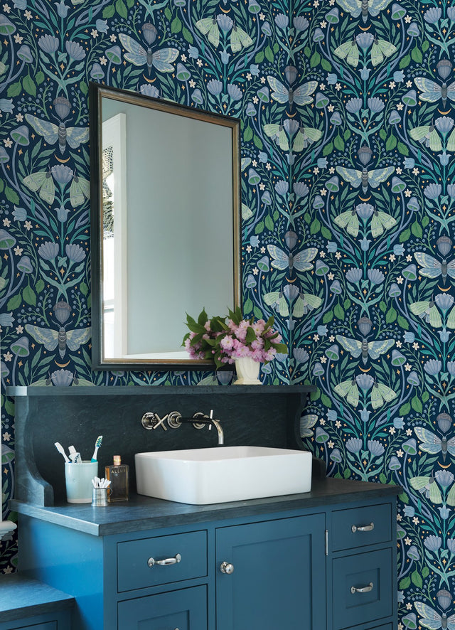 Enchanted Forest Damask Blue Peel & Stick Wallpaper with Botanical Butterflies Motif - York RMK12786PLW