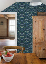 Enchanted Forest Damask Blue Peel & Stick Wallpaper with Botanical Butterflies Motif - York RMK12786PLW