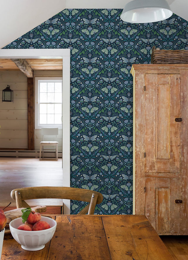 Enchanted Forest Damask Blue Peel & Stick Wallpaper with Botanical Butterflies Motif - York RMK12786PLW