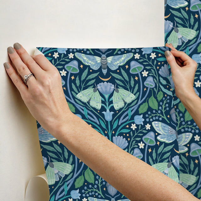Enchanted Forest Damask Blue Peel & Stick Wallpaper with Botanical Butterflies Motif - York RMK12786PLW