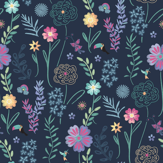 Disney Encanto Navy Embroidery Floral Peel & Stick Wallpaper with Botanical Embroidered Flower Pattern, Modern Style - York RMK12790PLW