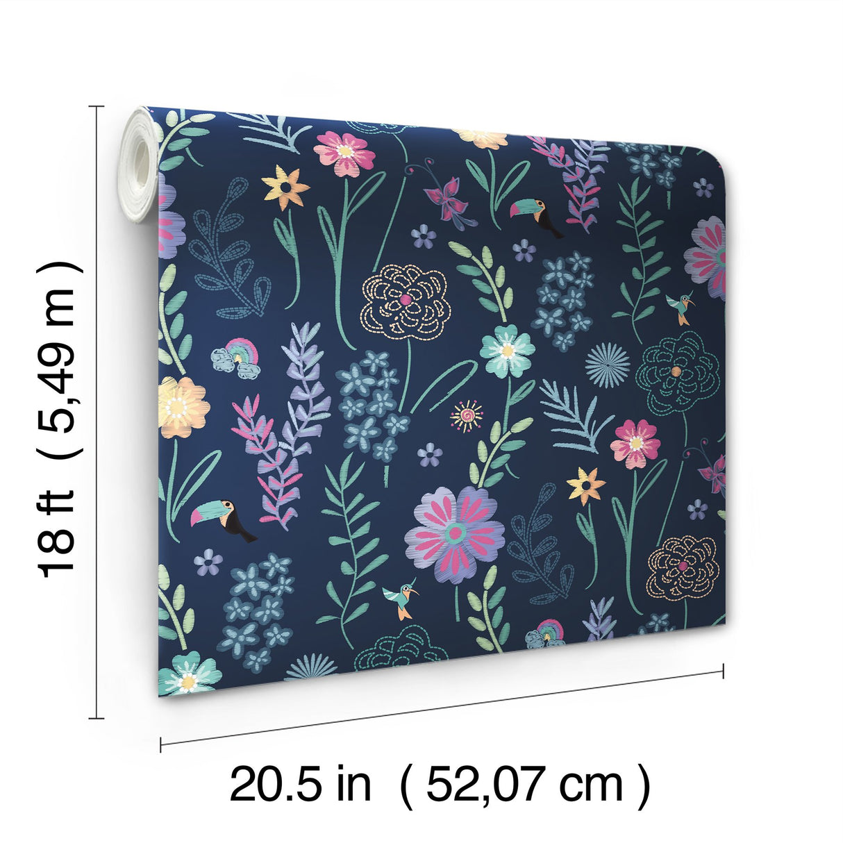 Disney Encanto Navy Embroidery Floral Peel & Stick Wallpaper with Botanical Embroidered Flower Pattern, Modern Style - York RMK12790PLW