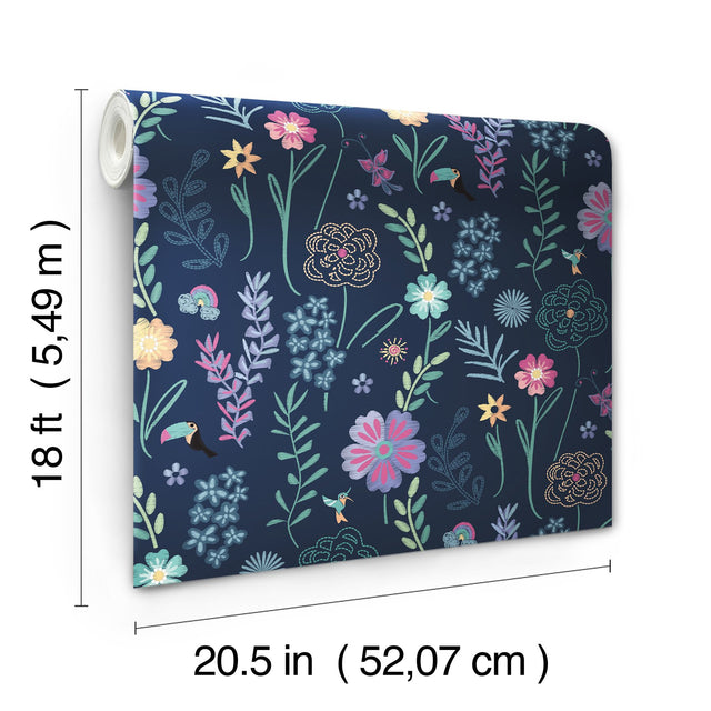 Disney Encanto Navy Embroidery Floral Peel & Stick Wallpaper with Botanical Embroidered Flower Pattern, Modern Style - York RMK12790PLW