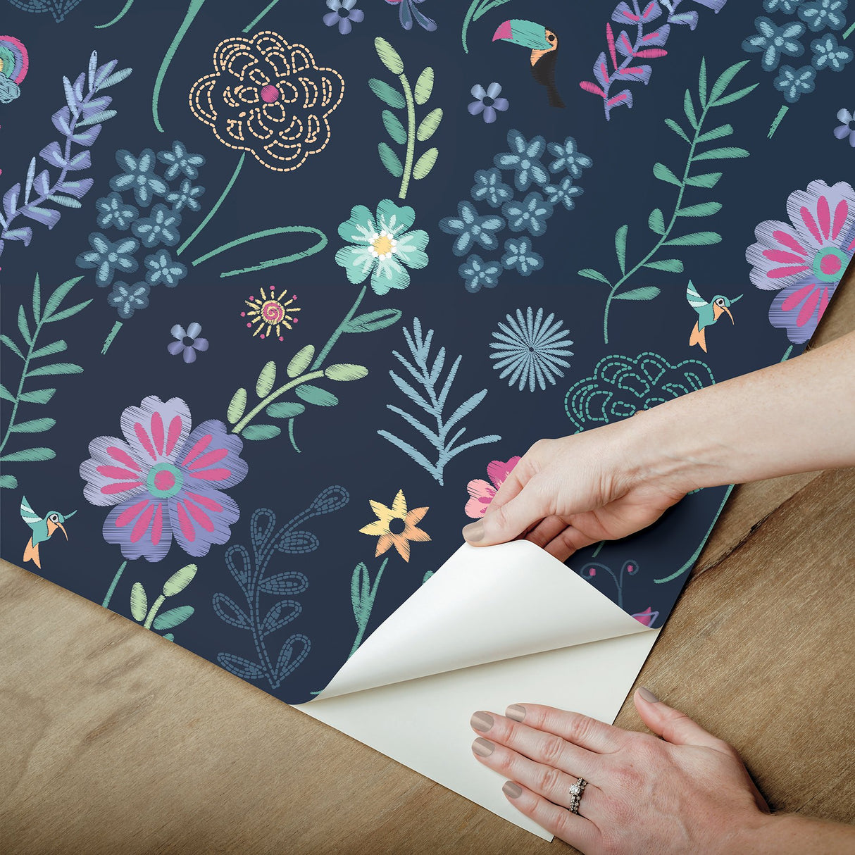 Disney Encanto Navy Embroidery Floral Peel & Stick Wallpaper with Botanical Embroidered Flower Pattern, Modern Style - York RMK12790PLW
