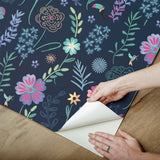 Disney Encanto Navy Embroidery Floral Peel & Stick Wallpaper with Botanical Embroidered Flower Pattern, Modern Style - York RMK12790PLW