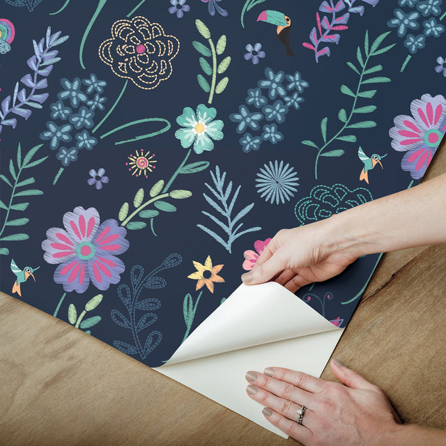 Disney Encanto Navy Embroidery Floral Peel & Stick Wallpaper with Botanical Embroidered Flower Pattern, Modern Style - York RMK12790PLW