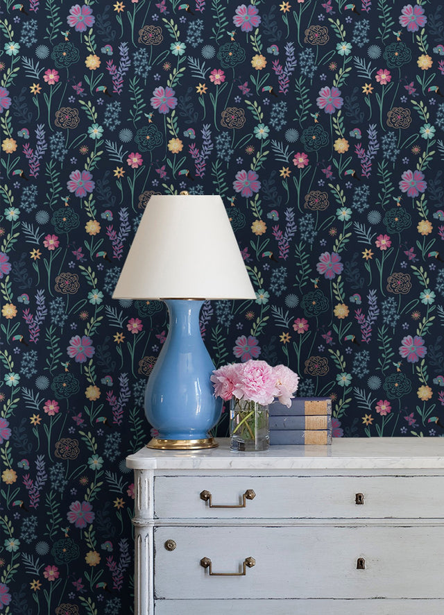 Disney Encanto Navy Embroidery Floral Peel & Stick Wallpaper with Botanical Embroidered Flower Pattern, Modern Style - York RMK12790PLW