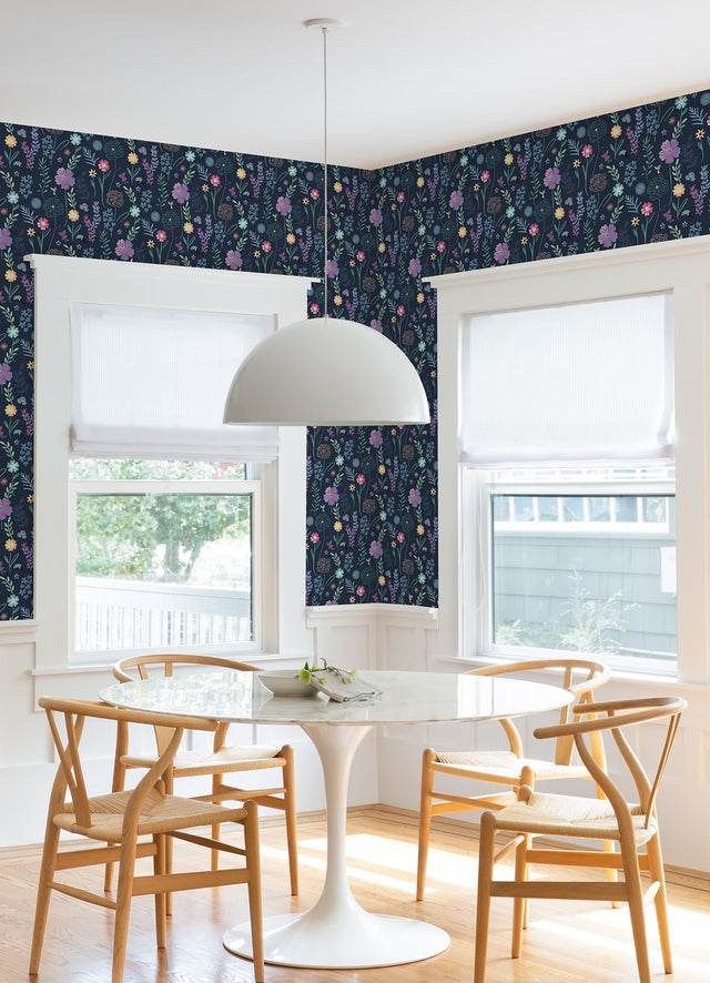 Disney Encanto Navy Embroidery Floral Peel & Stick Wallpaper with Botanical Embroidered Flower Pattern, Modern Style - York RMK12790PLW