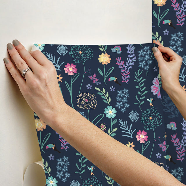 Disney Encanto Navy Embroidery Floral Peel & Stick Wallpaper with Botanical Embroidered Flower Pattern, Modern Style - York RMK12790PLW