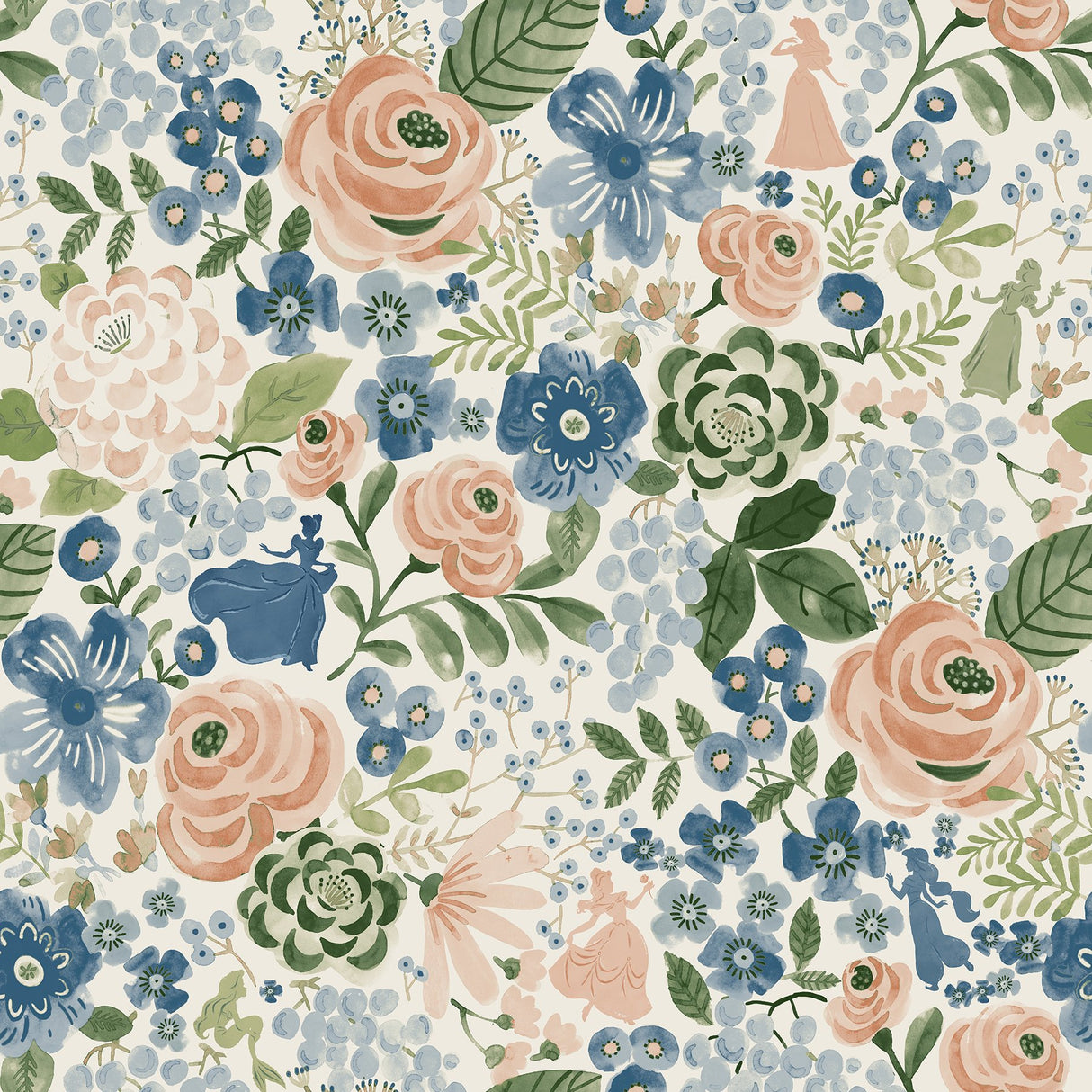 Disney Princess Blue Watercolor Floral Peel & Stick Wallpaper with Botanical Floral Pattern - RoomMates RMK12793PLW