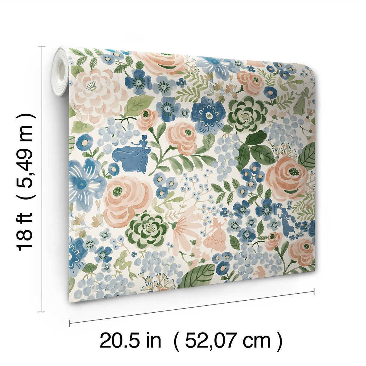 Disney Princess Blue Watercolor Floral Peel & Stick Wallpaper with Botanical Floral Pattern - RoomMates RMK12793PLW