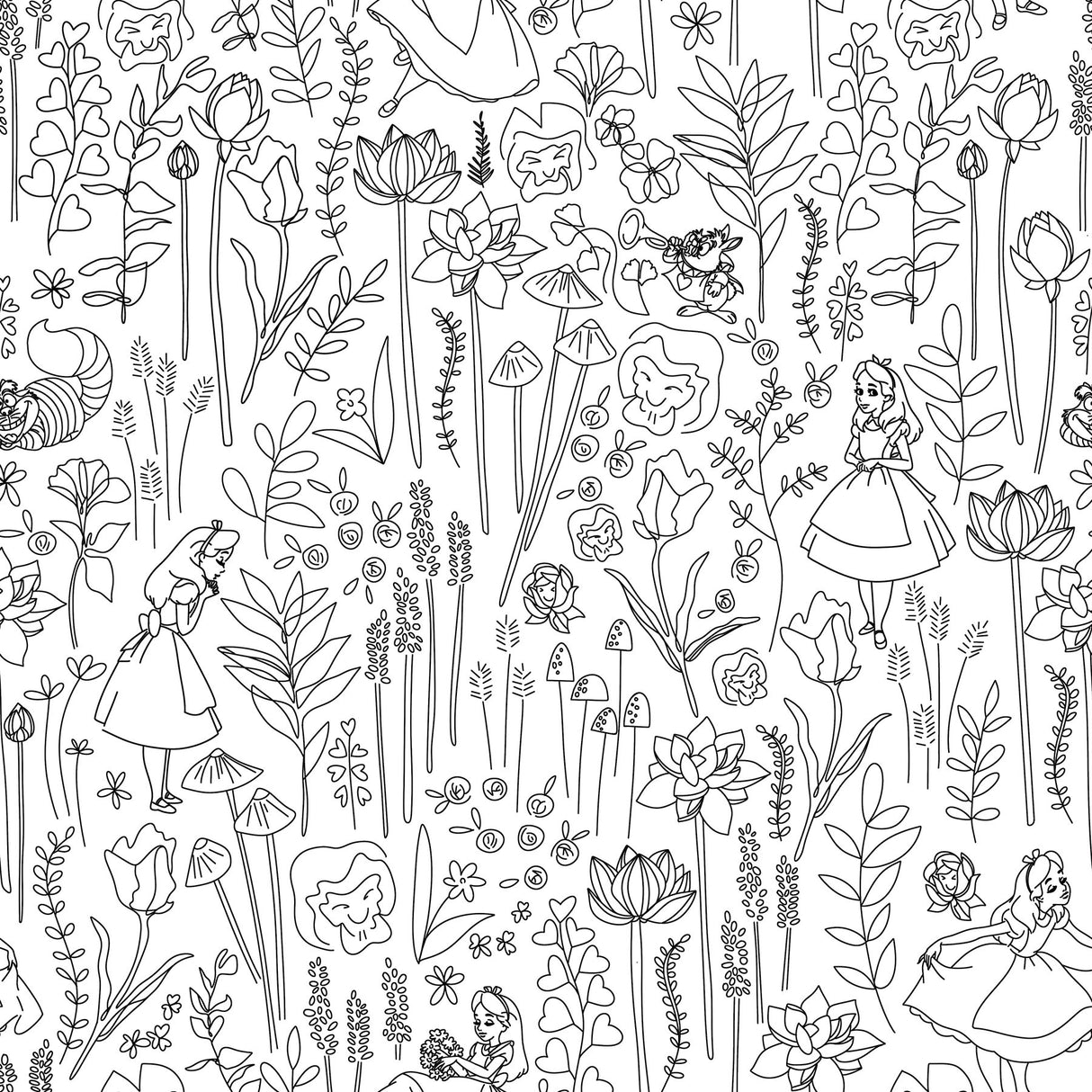 Disney Alice in Wonderland Black Garden Peel & Stick Wallpaper with Botanical Floral Linework - York RMK12798PLW