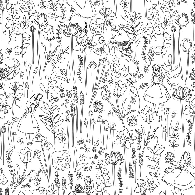 Disney Alice in Wonderland Black Garden Peel & Stick Wallpaper with Botanical Floral Linework - York RMK12798PLW
