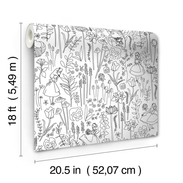 Disney Alice in Wonderland Black Garden Peel & Stick Wallpaper with Botanical Floral Linework - York RMK12798PLW