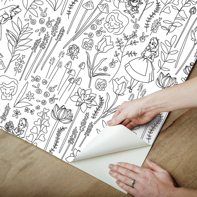 Disney Alice in Wonderland Black Garden Peel & Stick Wallpaper with Botanical Floral Linework - York RMK12798PLW
