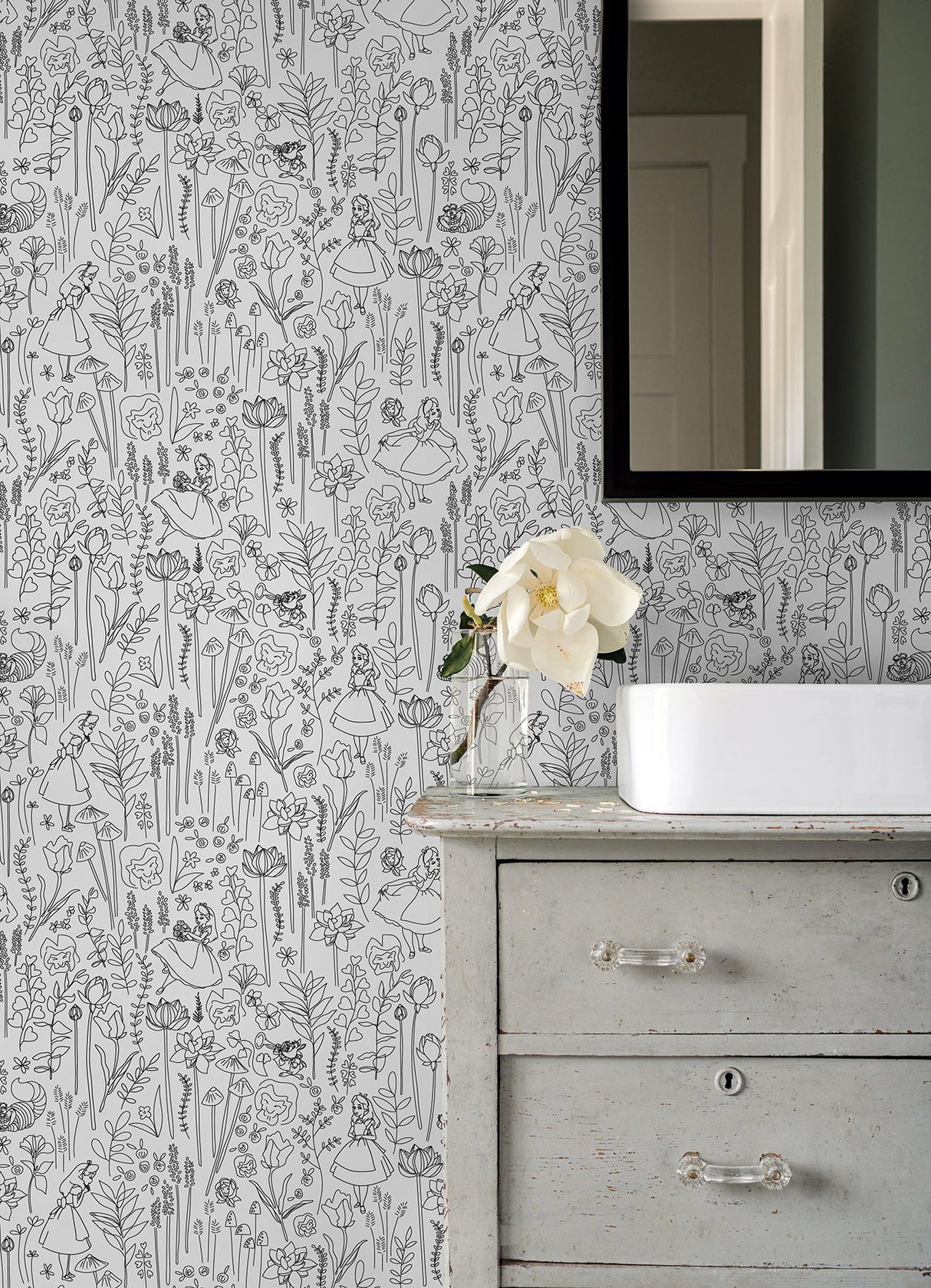 Disney Alice in Wonderland Black Garden Peel & Stick Wallpaper with Botanical Floral Linework - York RMK12798PLW