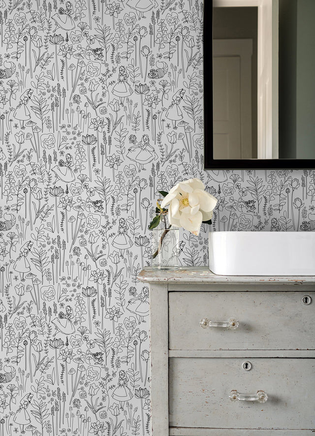 Disney Alice in Wonderland Black Garden Peel & Stick Wallpaper with Botanical Floral Linework - York RMK12798PLW