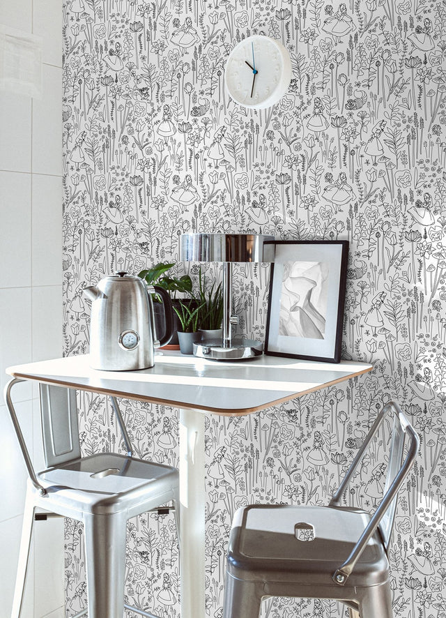 Disney Alice in Wonderland Black Garden Peel & Stick Wallpaper with Botanical Floral Linework - York RMK12798PLW