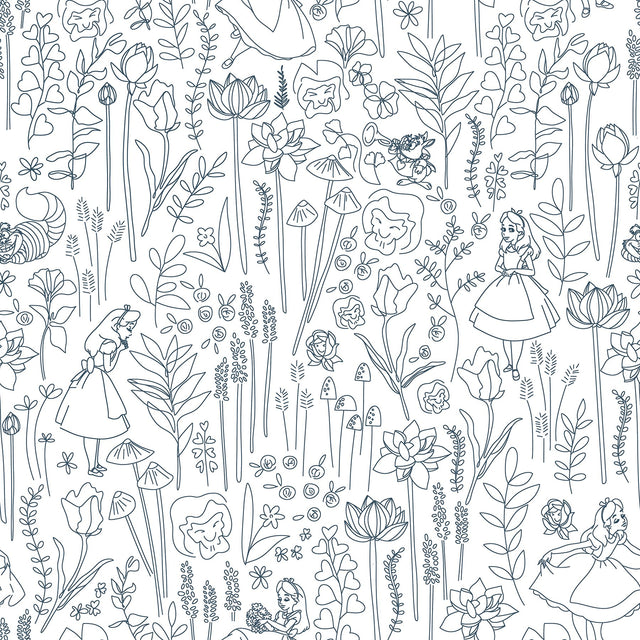 Disney Alice in Wonderland Navy Garden Peel & Stick Wallpaper with Botanical Floral Linework - York RMK12799PLW