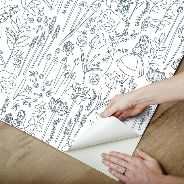 Disney Alice in Wonderland Navy Garden Peel & Stick Wallpaper with Botanical Floral Linework - York RMK12799PLW