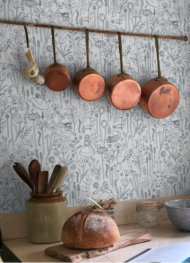 Disney Alice in Wonderland Navy Garden Peel & Stick Wallpaper with Botanical Floral Linework - York RMK12799PLW