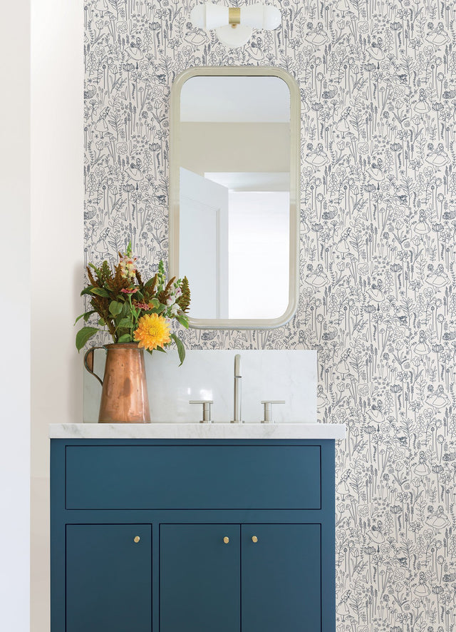 Disney Alice in Wonderland Navy Garden Peel & Stick Wallpaper with Botanical Floral Linework - York RMK12799PLW