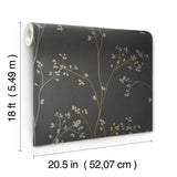 Blossom Stripe Black Peel & Stick Wallpaper with Floral Cherry Blossom Motif - York RMK12808PL SAMPLE