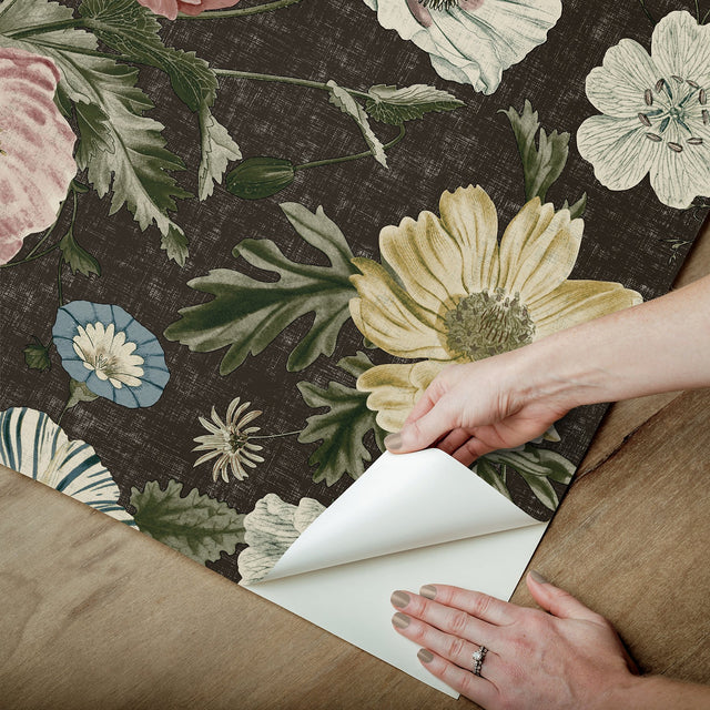 Vintage Poppy Black Peel & Stick Wallpaper with Floral Graphics - York RMK12810PL