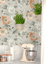 Vintage Poppy Orange Peel & Stick Wallpaper in Orange Floral on Linen Ground - York RMK12811PL