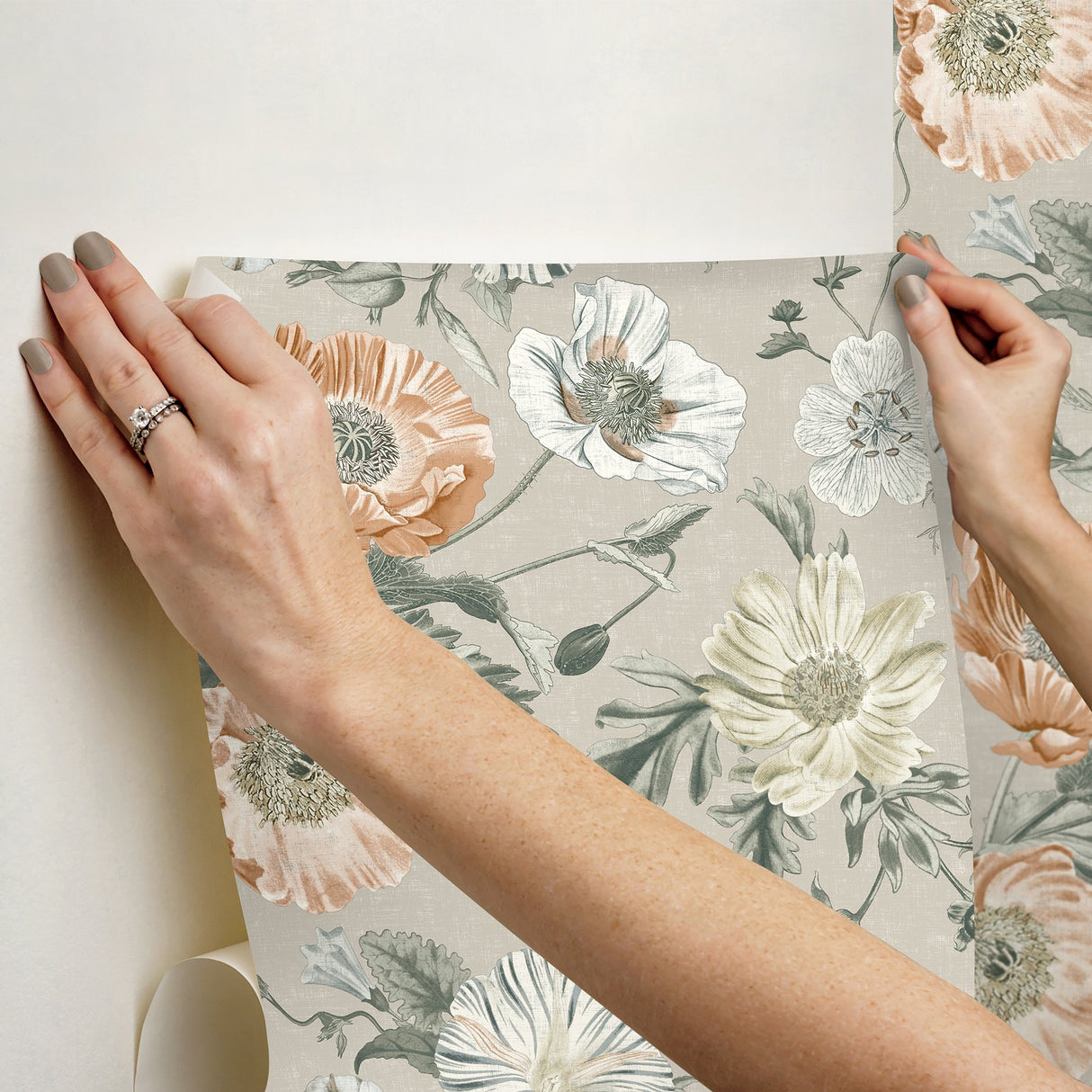Vintage Poppy Orange Peel & Stick Wallpaper in Orange Floral on Linen Ground - York RMK12811PL