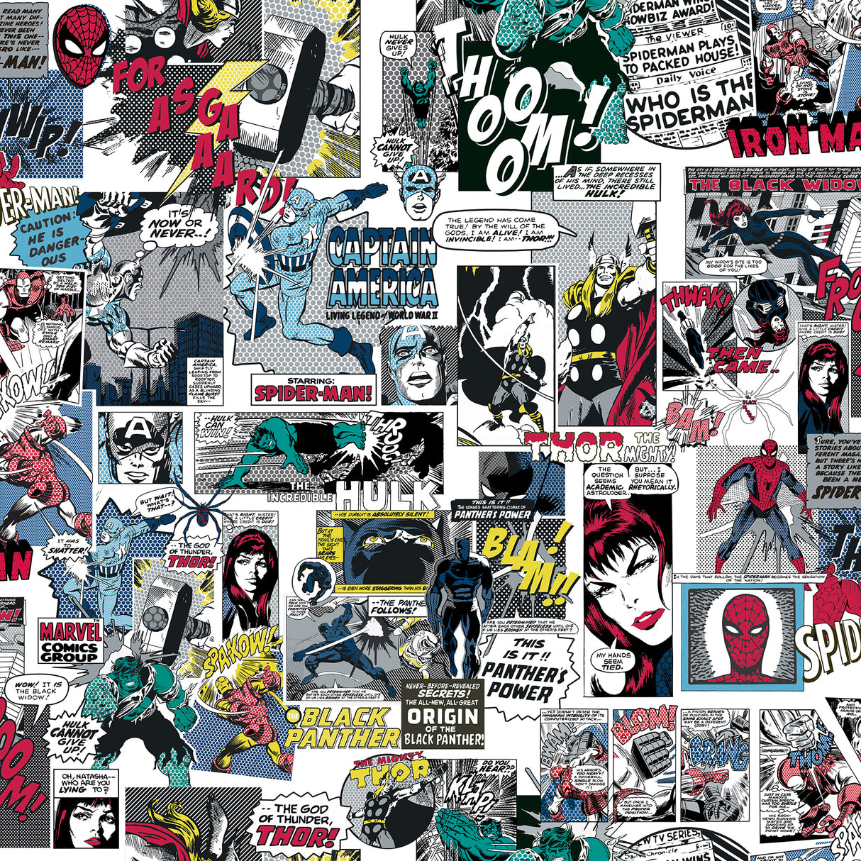 Marvel Classic Comics Peel and Stick Wallpaper by RoomMates featuring Avengers, Spider-Man, Iron Man, Captain America and Thor in a Retro Comics Design