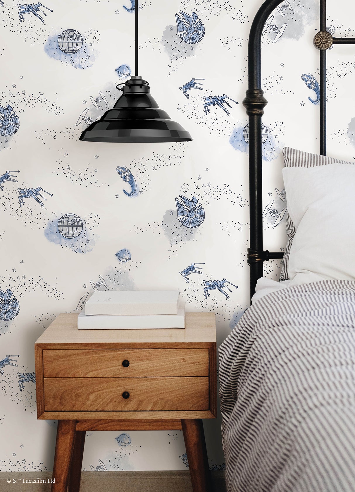 STAR WARS Good Night Galaxy Blue and Grey Celestial Toile with Starships and Constellations Peel and Stick Kids Wallpaper by RoomMates - RMK12815PL