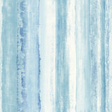 Watercolor Stripe Blue Peel and Stick Wallpaper by RoomMates featuring soft blue and white vertical watercolor brushstroke stripes on vinyl material - RMK9061WP