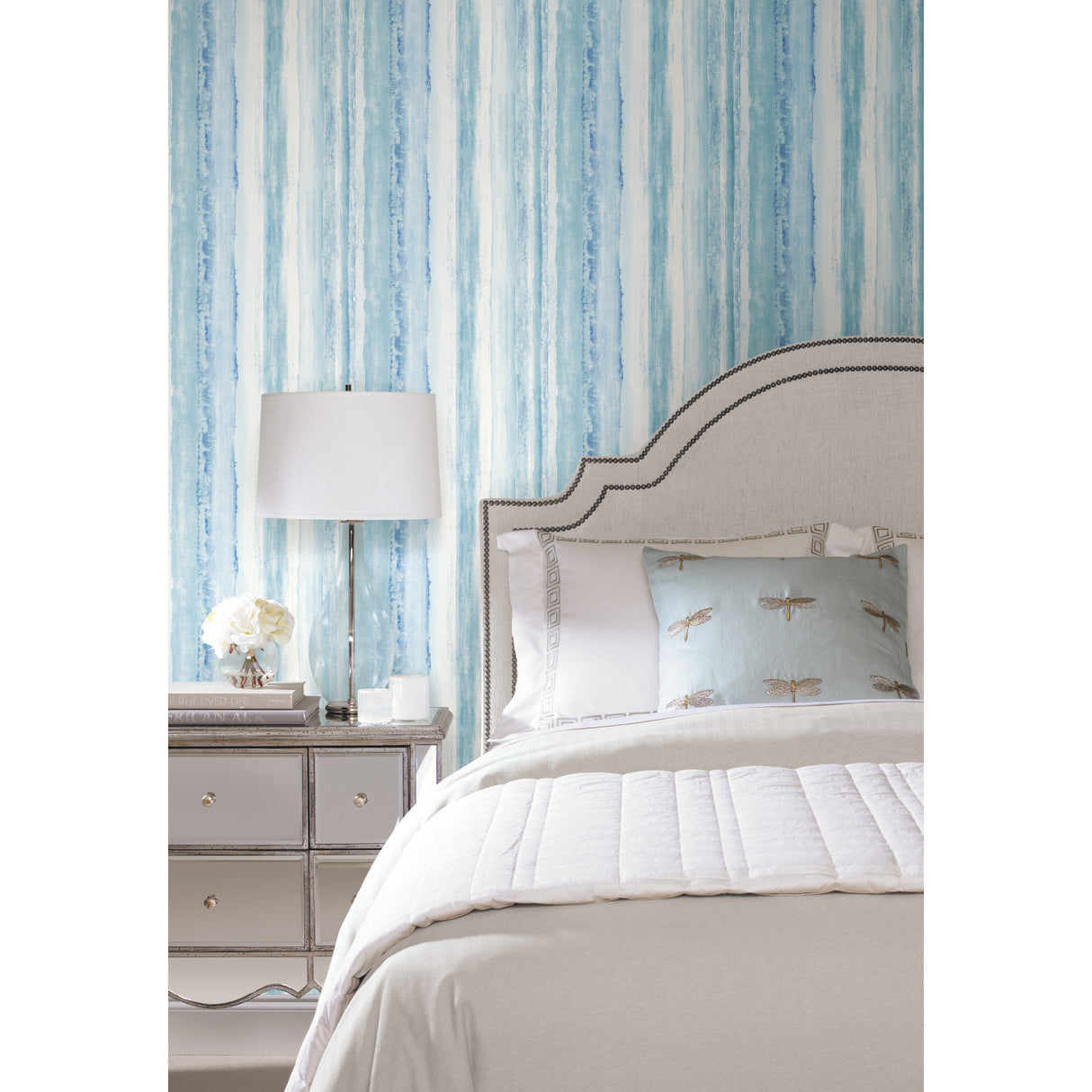 Watercolor Stripe Blue Peel and Stick Wallpaper by RoomMates Vinyl Washable Repositionable Removable Modern Striped Design RMK9061WP