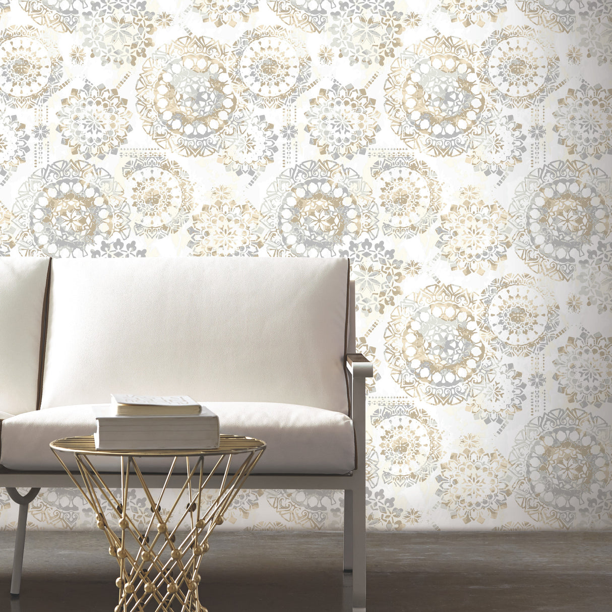 Bohemian Blue Peel and Stick Wallpaper with Geometric Mandala Pattern in Neutral Tan and Grey Tones for Modern Homes by RoomMates - RMK9122WPZ