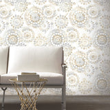 Bohemian Blue Peel and Stick Wallpaper with Geometric Mandala Pattern in Neutral Tan and Grey Tones for Modern Homes by RoomMates - RMK9122WPZ