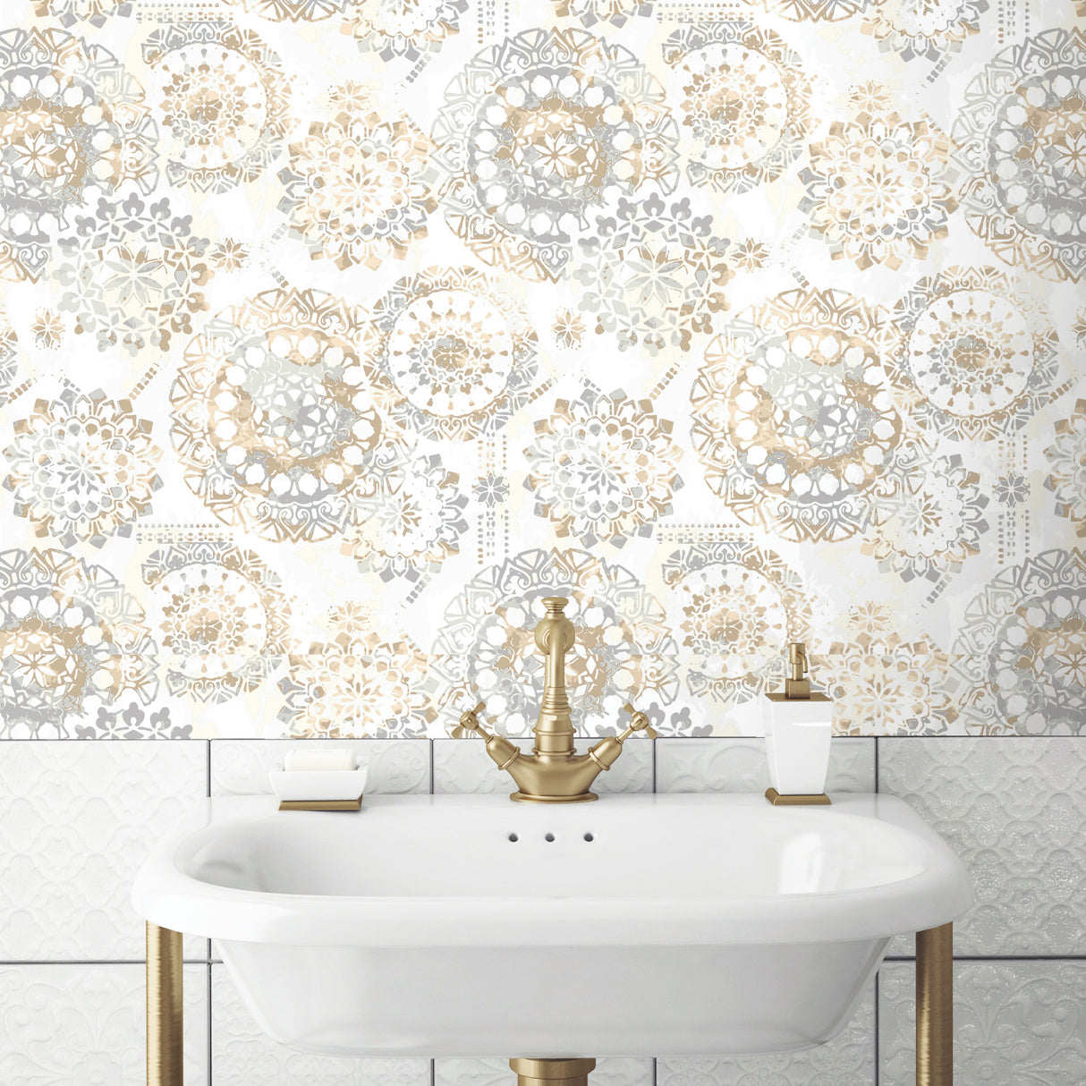 Bohemian Blue Peel and Stick Wallpaper with Geometric Mandala Pattern in Neutral Tan and Grey Tones for Modern Homes by RoomMates - RMK9122WPZ