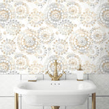 Bohemian Blue Peel and Stick Wallpaper with Geometric Mandala Pattern in Neutral Tan and Grey Tones for Modern Homes by RoomMates - RMK9122WPZ