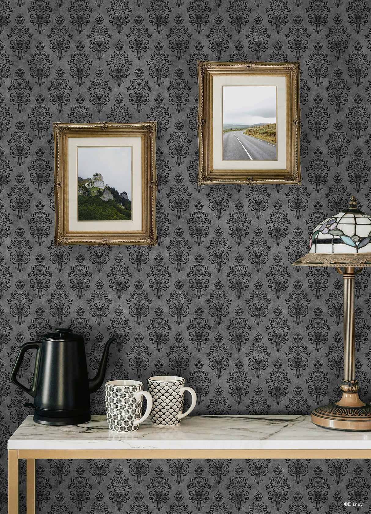 Disney Haunted Mansion Grey and Black Distressed Damask Pattern by RoomMates Officially Licensed Disney Peel and Stick Wallpaper - RMWS1220