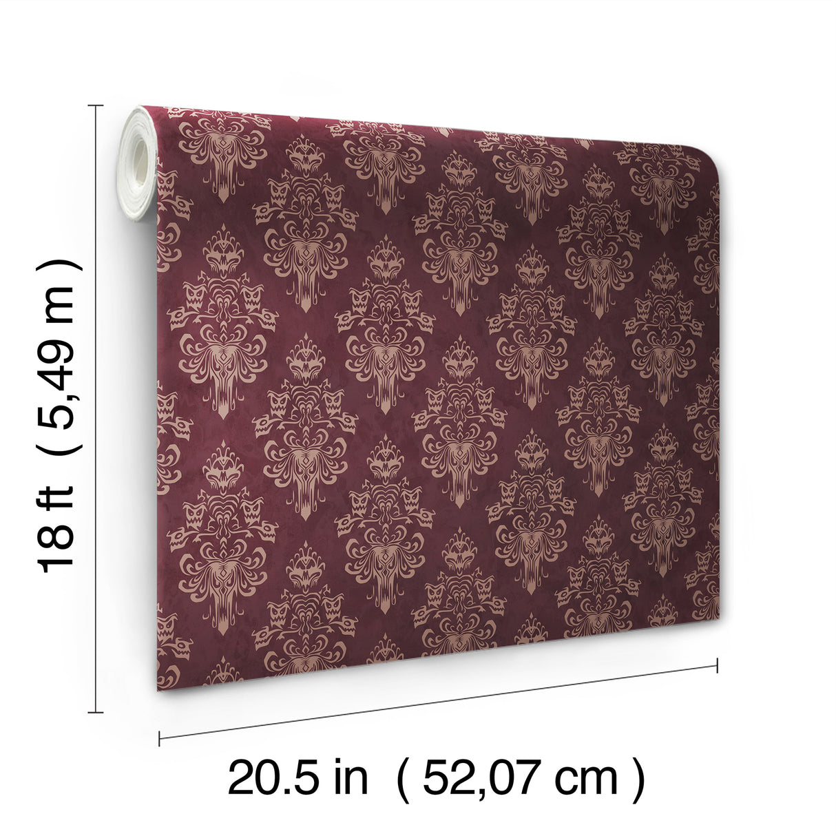 Officially Licensed Disney Haunted Mansion Maroon Distressed Damask Peel and Stick Wallpaper by RoomMates - RMWS1221