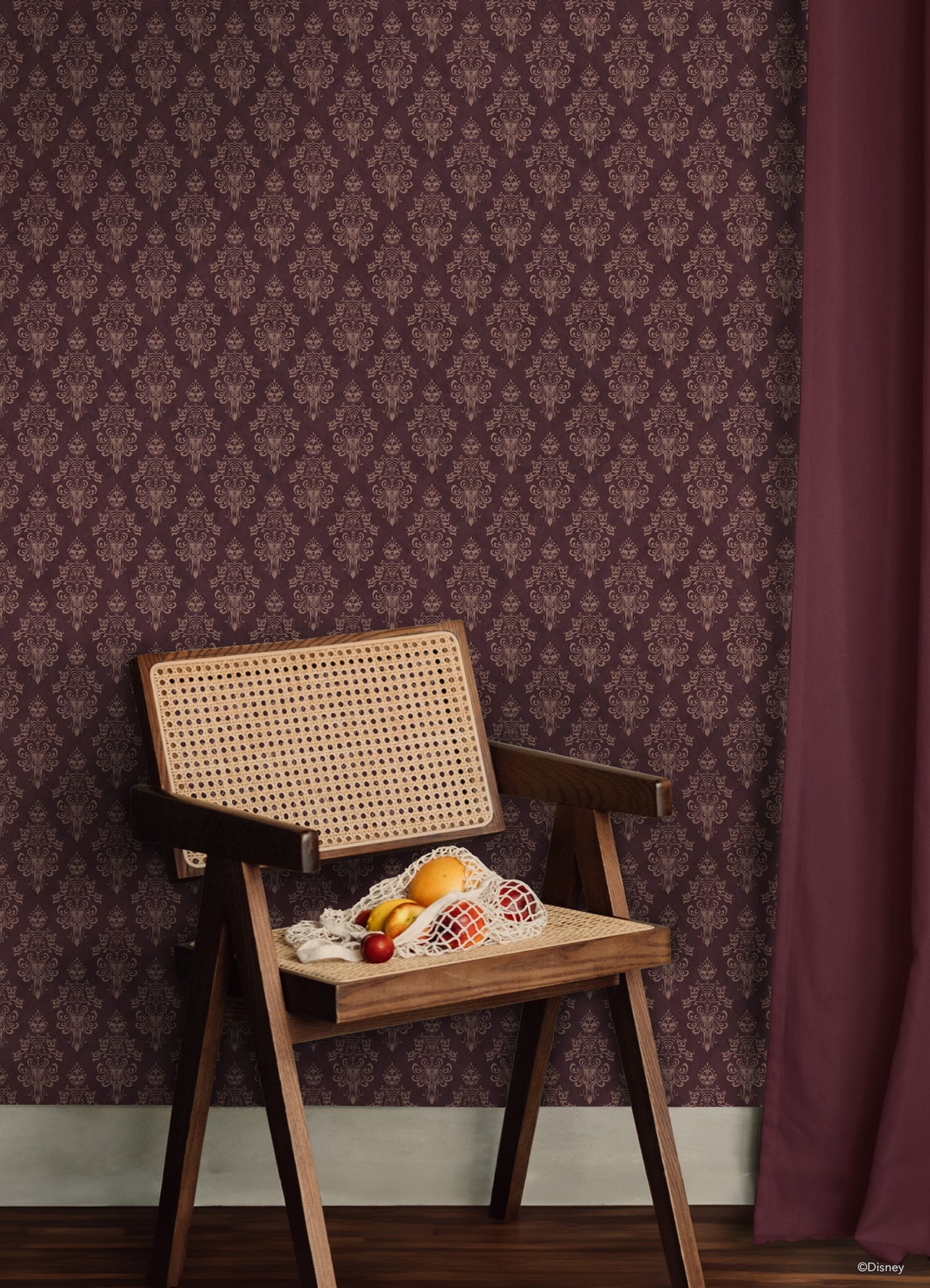 Officially Licensed Disney Haunted Mansion Maroon Distressed Damask Peel and Stick Wallpaper by RoomMates - RMWS1221