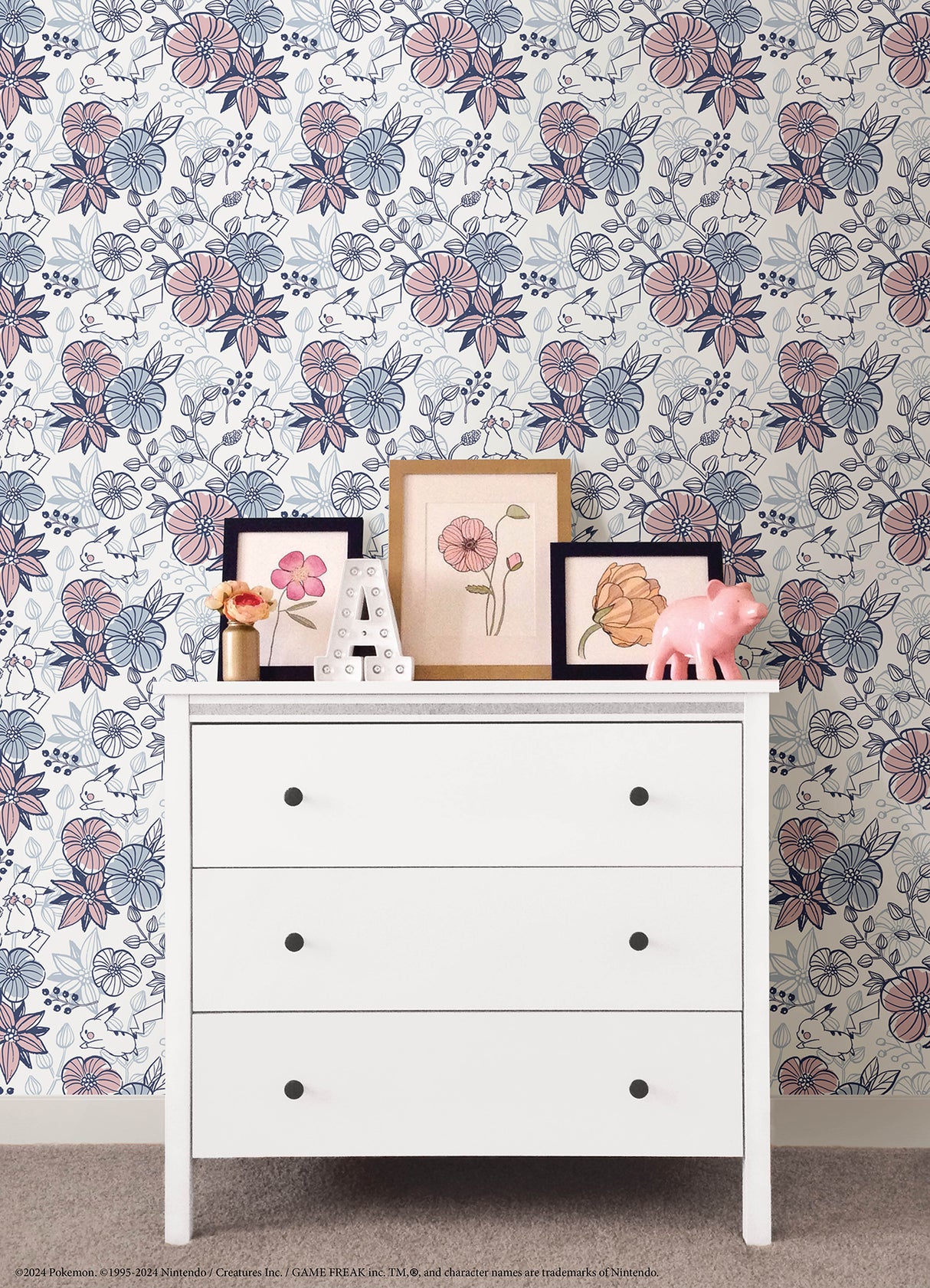 Pokémon Pikachu Floral Peel and Stick Wallpaper in Pink and Blue Botanical Pattern for Kids Rooms by RoomMates - RMWS1229