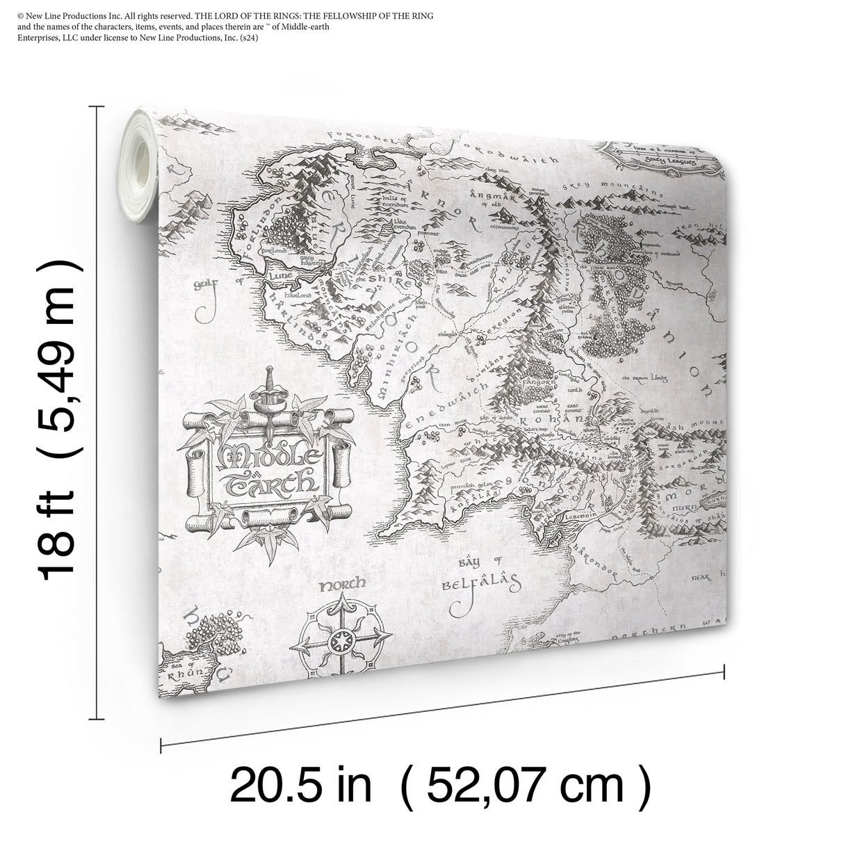Lord of the Rings Middle Earth Map Black & White Officially Licensed Vintage Novelty Peel & Stick Wallpaper by RoomMates - RMWS1232