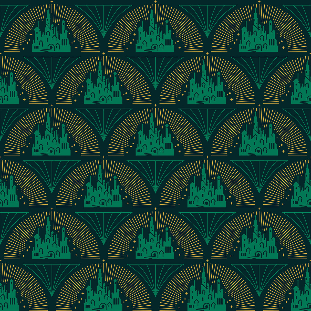 Wicked Emerald City Peel and Stick Wallpaper in Green and Gold Art Deco Fan Motif by RoomMates RMWS1234