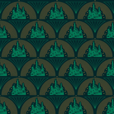Wicked Emerald City Peel and Stick Wallpaper in Green and Gold Art Deco Fan Motif by RoomMates RMWS1234