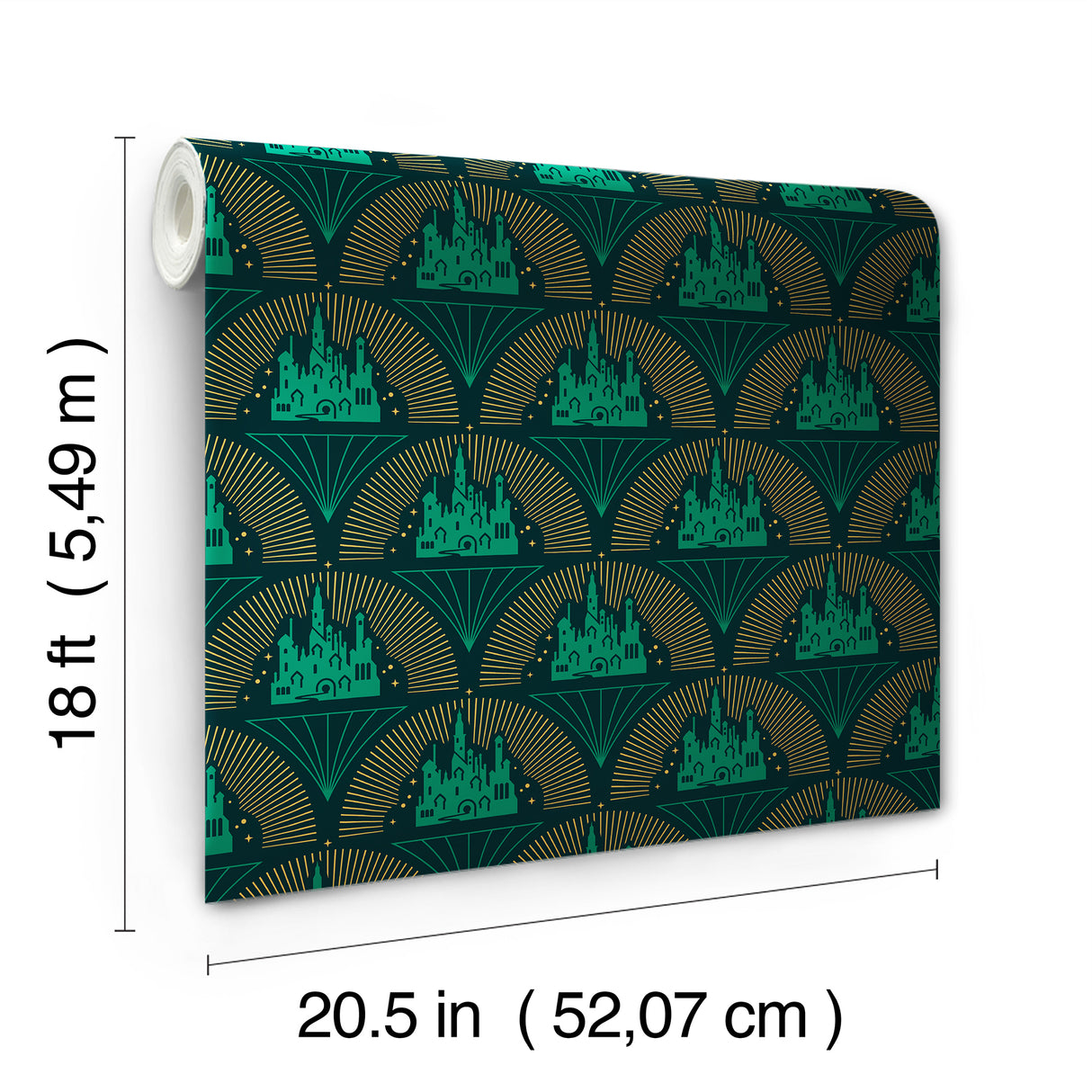 Wicked Emerald City Green and Gold by RoomMates Officially Licensed Art Deco Emerald City Fan Motif Peel and Stick Wallpaper - RMWS1234