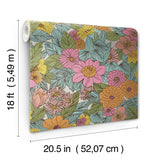 Retro Floral Pink and Aqua by RoomMates Decor Peel and Stick Fully Removable and Repositionable Vinyl Floral Wallpaper Roll 20.5in x 18ft - RMWS1237