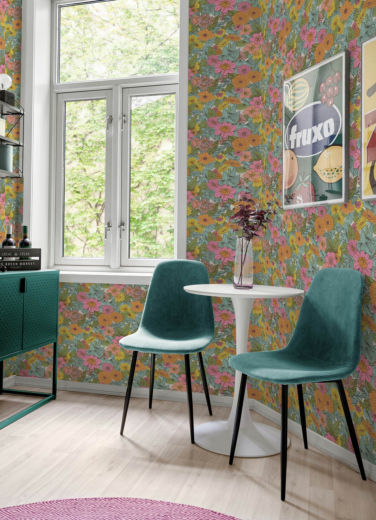 Retro Floral Pink and Aqua by RoomMates Decor Peel and Stick Fully Removable and Repositionable Vinyl Floral Wallpaper Roll 20.5in x 18ft - RMWS1237